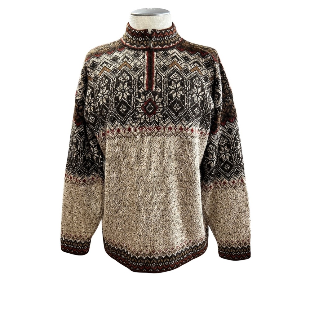 Intiwara Alpaca Mens Medium 1/4 Zip Sweater Hand Made Bolivia Fair Isle Brown M